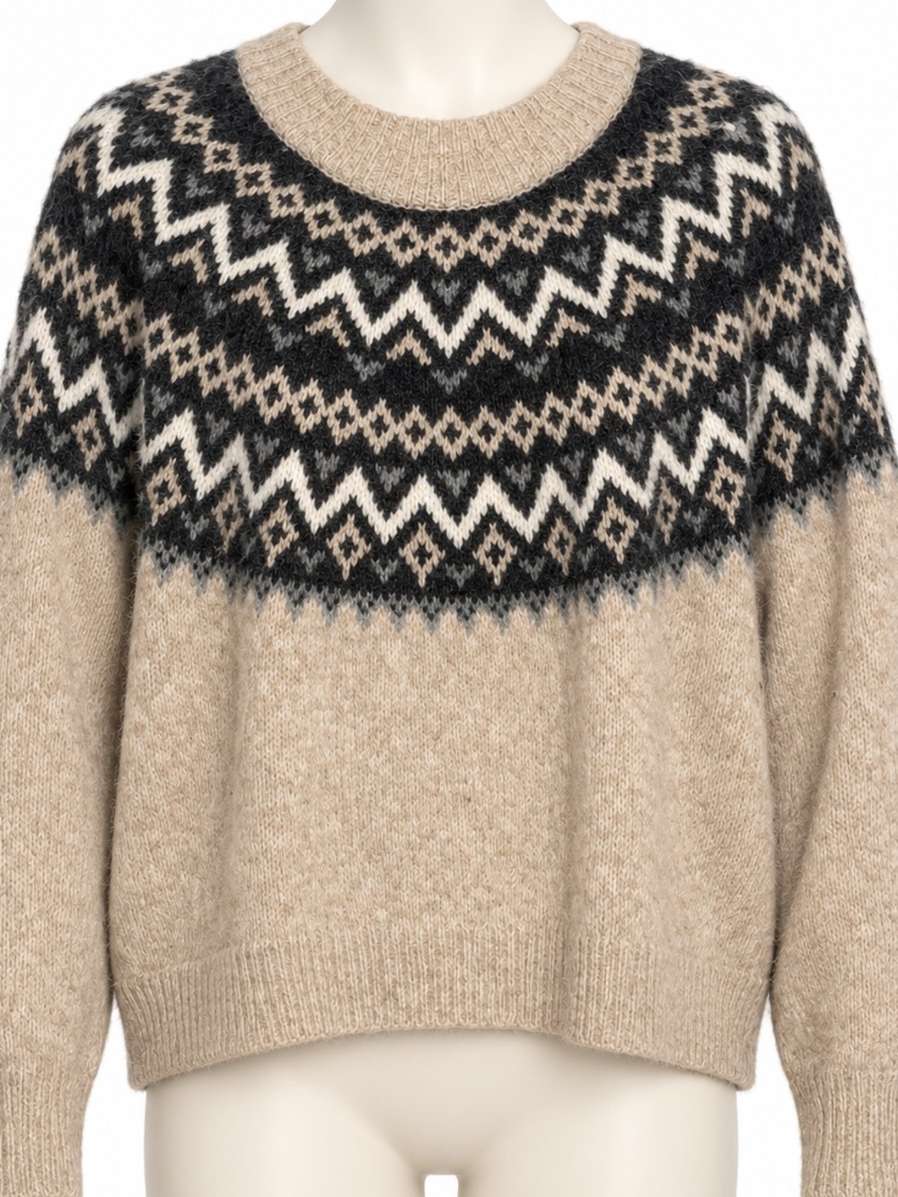 Abercrombie & Fitch Beige Fair Isle Crewneck Sweater with Black & White Yoke